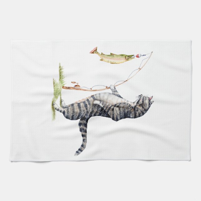 Katt med fisk kökshandduk (Horisontell)