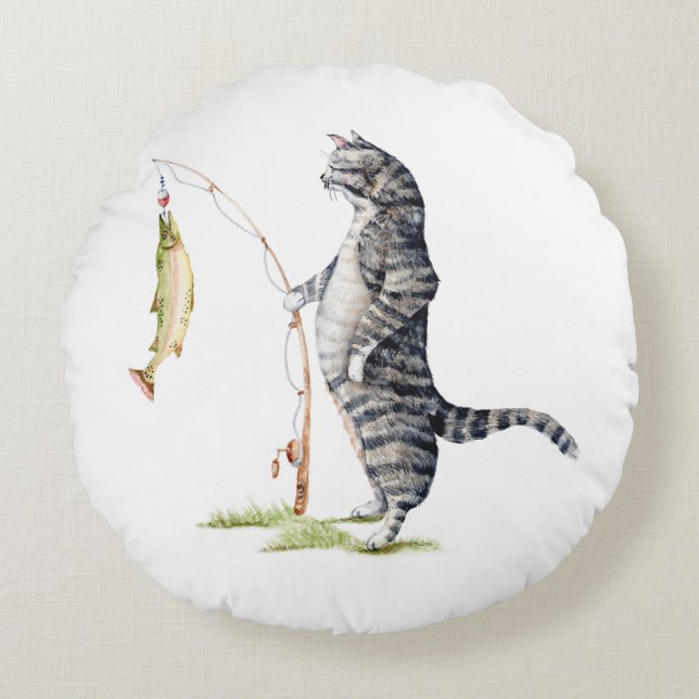 Katt med fisk rund kudde (Framsidan)