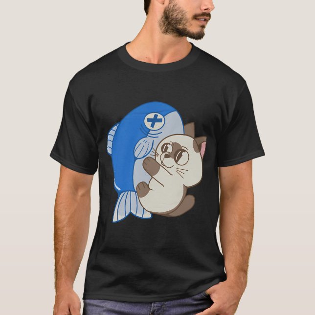 Katt med fisk t shirt (Framsida)