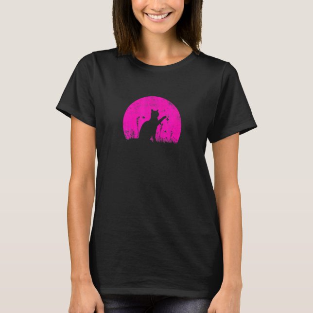 Katt Med Fjäril Rosa Solnedgång T Shirt (Framsida)