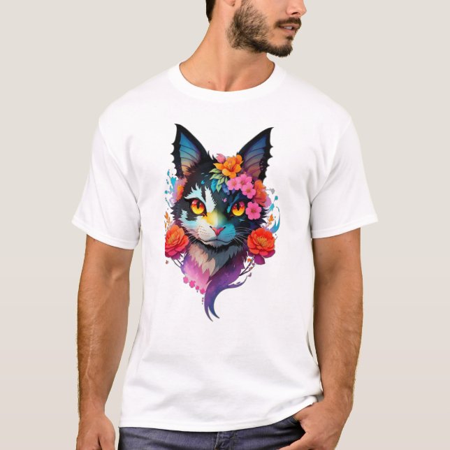 Katt med fladdermus öron och blommor från Cute, lu T Shirt (Framsida)