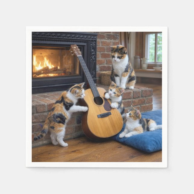 Katt med flera färger och ungar med gitarr pappersservett (Framsidan)