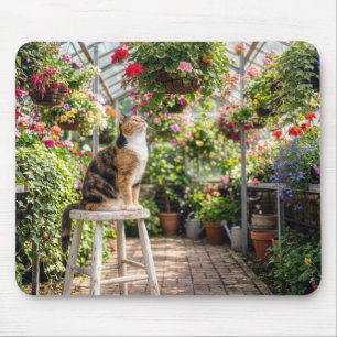 Katt med flera färger på en pall i ett växthus musmatta