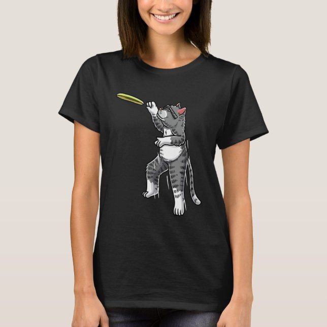 Katt Med Flygande Frisbee Disc Golf Frisbee Spelar T Shirt (Framsida)