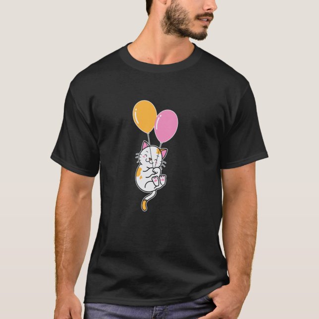 Katt med födelsedagsballong och flottörer t shirt (Framsida)