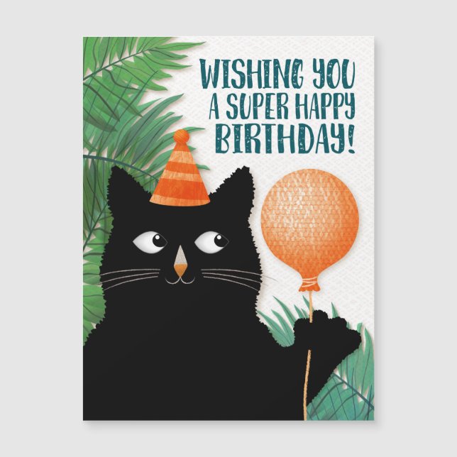 Katt med födelsedagshatt, ballong och växter (Framsida)