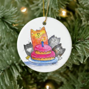 Katt med födelsedagskaka julgransprydnad keramik