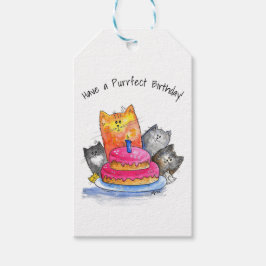 Katt med födelsedagskaka presentetikett