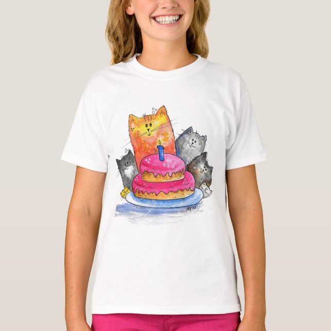 Katt med födelsedagskaka t shirt (Framsida)