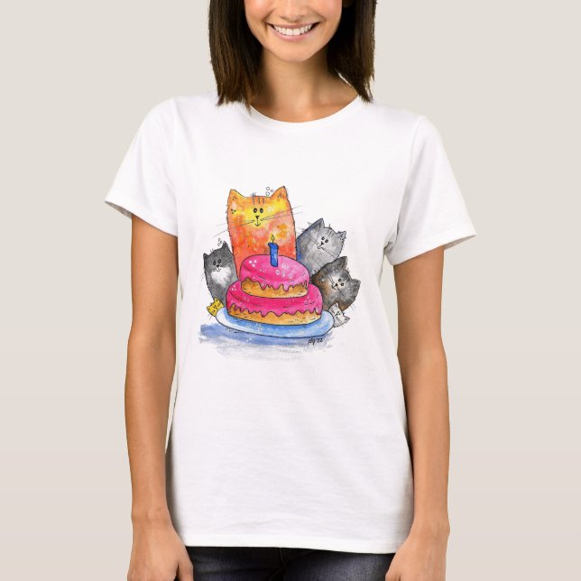 Katt med födelsedagskaka t shirt (Framsida)
