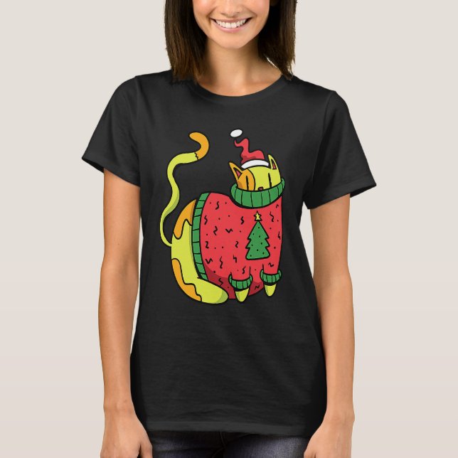 Katt med ful jultröja t shirt (Framsida)