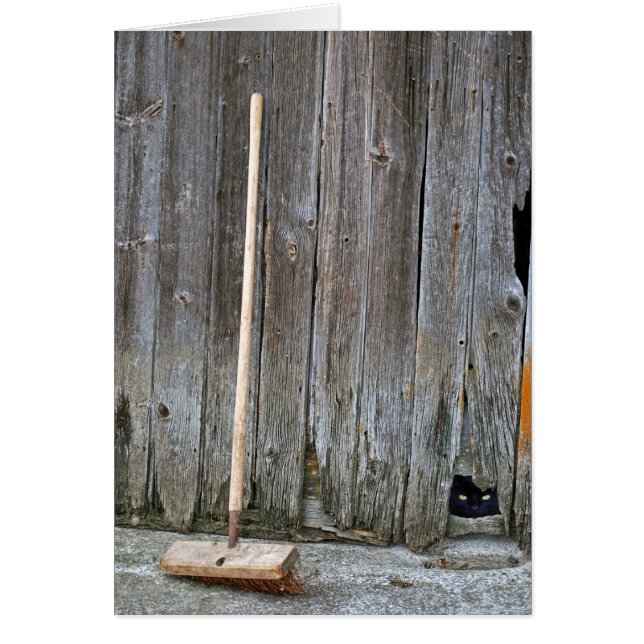 Katt med gammal Barn Broom Hälsningskort (Framsidan)