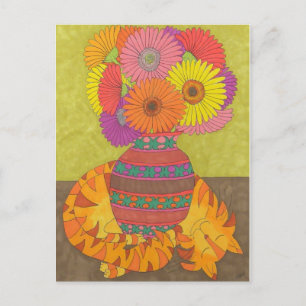 Katt med Gerbera Daisy i Talavera Vas Vykort