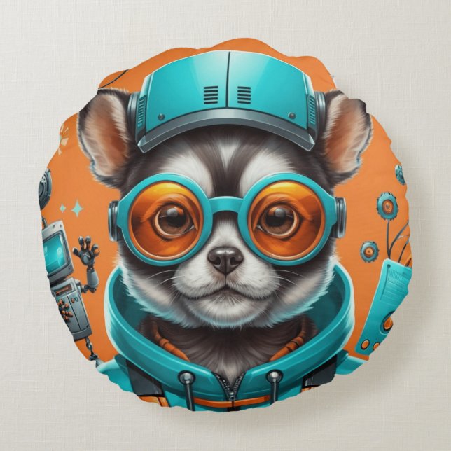 Katt med glas av Orange från vattenbruk Rund Kudde (Baksidan)