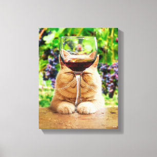 Katt med glas av Vin Canvastryck
