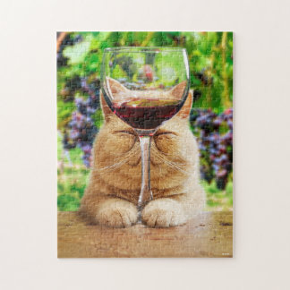 Katt med glas av Vin Pussel