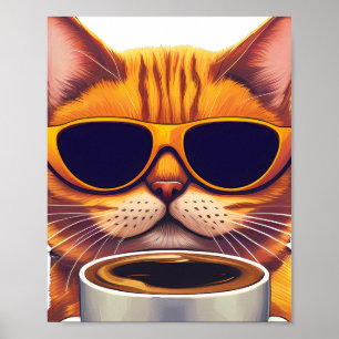 katt med glas och drickkaffe poster