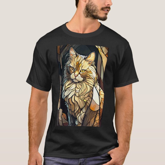 Katt med glasmålning i buff-färg t shirt (Framsida)
