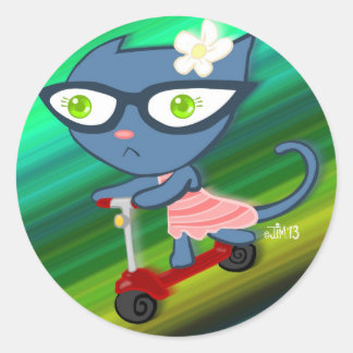 Katt med Glassez : Blu Kattunge Scooter Stickers Runt Klistermärke