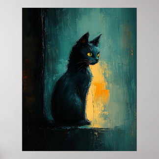 Katt med gula ögon i stämningsfull penselföring poster