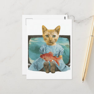 Katt med guldfisk på TV Retro Collage Vykort