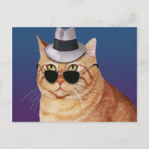 Katt med gult, stripe, solglasögon och hatt vykort