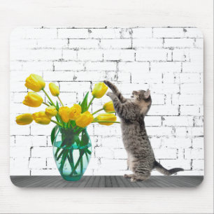 Katt med Gult Tulip Bouquet Mousepad Musmatta