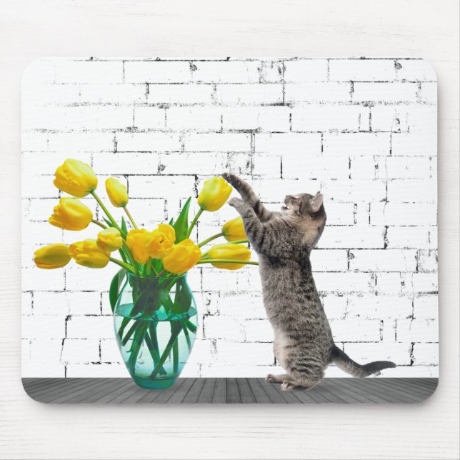 Katt med Gult Tulip Bouquet Mousepad Musmatta (Framsidan)