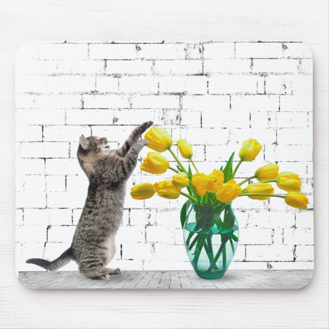 Katt med Gult Tulip Bouquet Mousepad Musmatta (Framsidan)