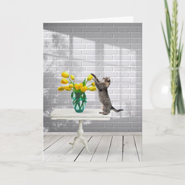 Katt med Gult Tulips Mors dag Card Kort (Framsida)