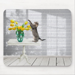 Katt med Gult Tulips Mouse Pad Musmatta