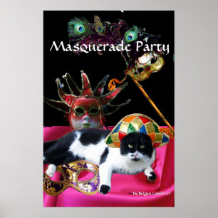 KATT MED HARLEKINHATT OCH MASKERAD FESTMASKER POSTER