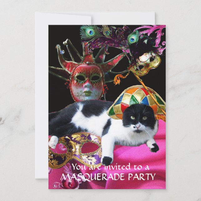 KATT MED HARLEKINHATT OCH MASKERADDRAPARTY MASKER INBJUDNINGAR (Framsida)