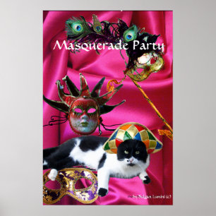 KATT MED HARLEKINHATT OCH MASKERADELSFESTMASKER POSTER