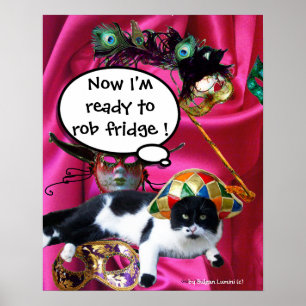 KATT MED HARLEKINHATT OCH MASKERADFESTMASKER POSTER