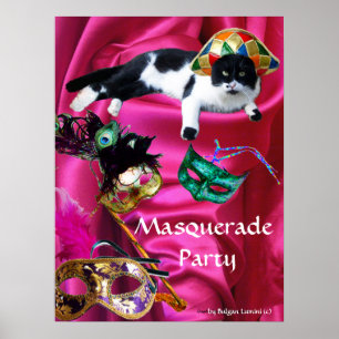 KATT MED HARLEKINHATTA OCH MASKERAD FESTMASKER POSTER