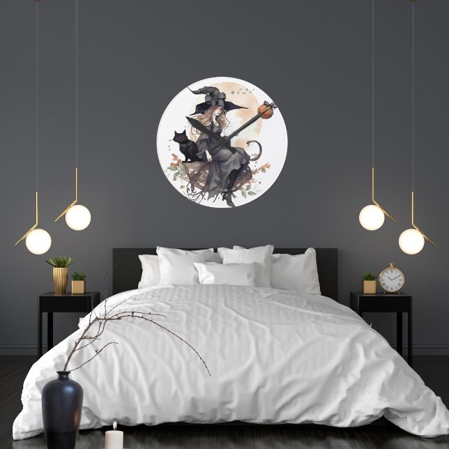 Katt med Harvest Måne och Ravens Rund Klocka (Pretty Halloween witch and her black cat with pumpkins.  Halloween decorating for spooky season.)