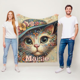 Katt med Hat Blommigt Personlig Fleecefilt