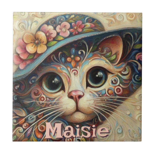 Katt med Hat Blommigt Personlig Kakelplatta (Framsidan)