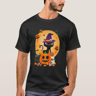Katt Med Häxa Hatt Pumpa Fladdermus Måne Katt Hall T Shirt