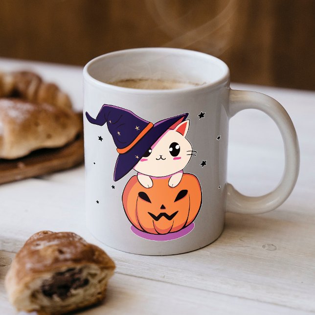Katt med häxhatt i Halloween Jack-O-Lantern Kaffemugg (Skapare uppladdad)
