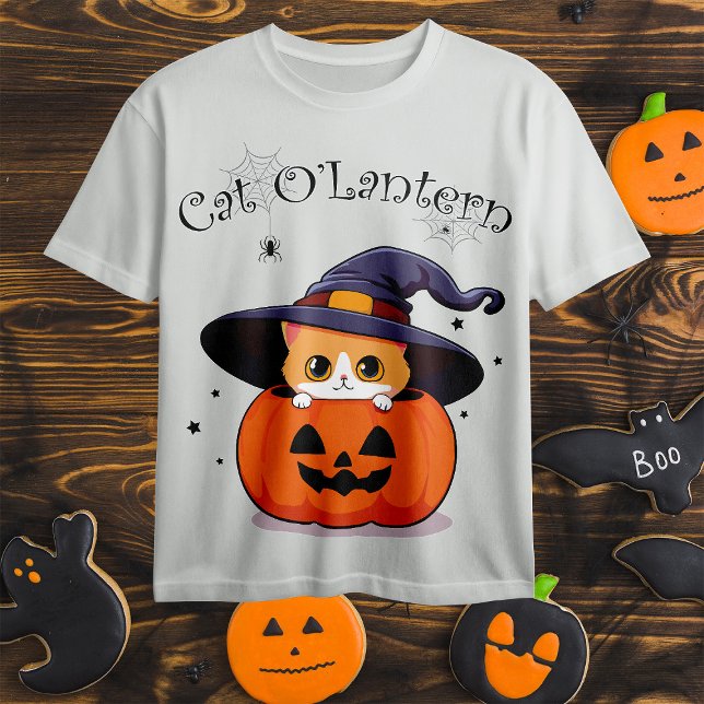 Katt med häxhatt i Halloween Jack-O-Lantern T Shirt (Skapare uppladdad)