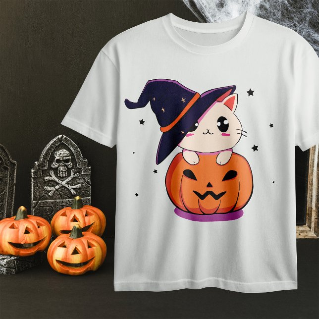 Katt med häxhatt i Halloween Jack-O-Lantern T Shirt (Skapare uppladdad)