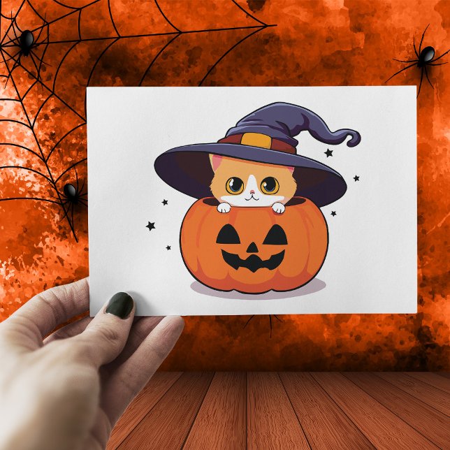 Katt med häxhatt i Halloween Jack-O-Lantern Vykort (Skapare uppladdad)