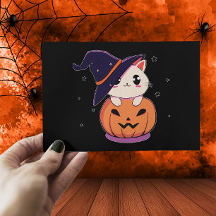 Katt med häxhatt i Halloween-jack-o’-lantern Vykort