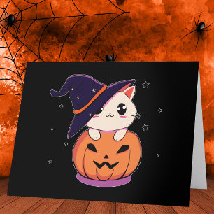 Katt med häxhatt i halloween-jack-o-lanterne tack kort