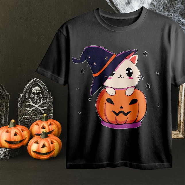 Katt med häxhatt i Halloween Jack-O-Lyktan T Shirt (Skapare uppladdad)