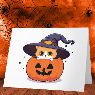 Katt med häxhatt i Halloween Jack-O-Lyktan Tack Kort