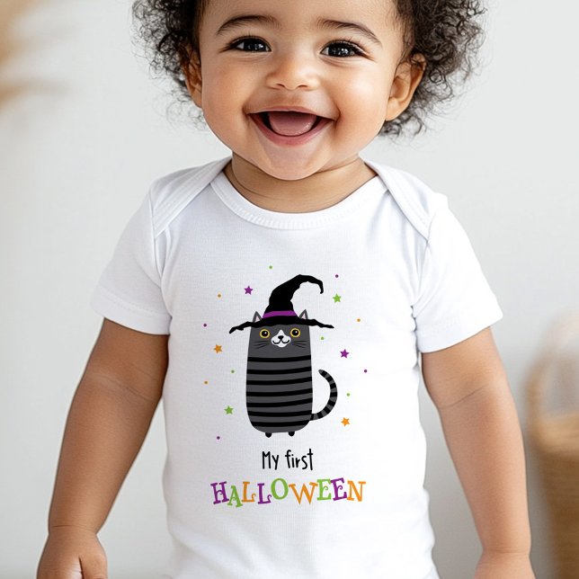 Katt med häxhatt Min första Halloween söt T Shirt (Cat with witch hat My first Halloween cute Baby Bodysuit)