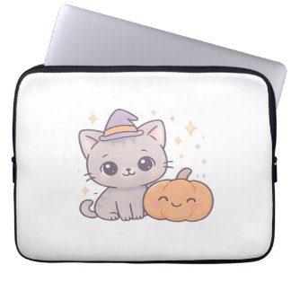 Katt med häxhatt och leende pumpa söt och kuslig laptop fodral